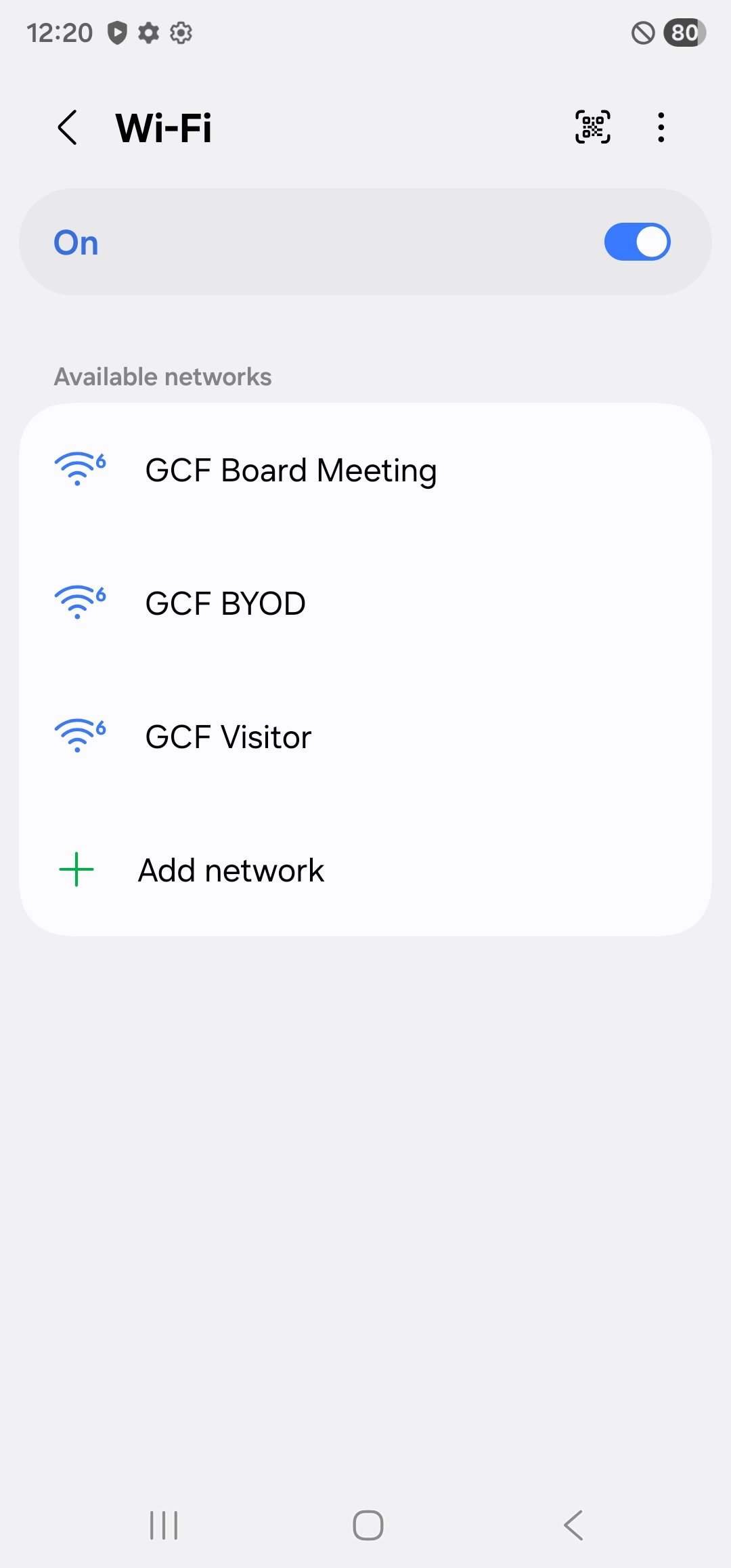 Android Wi-Fi settings showing GCF Board Meeting in available networks