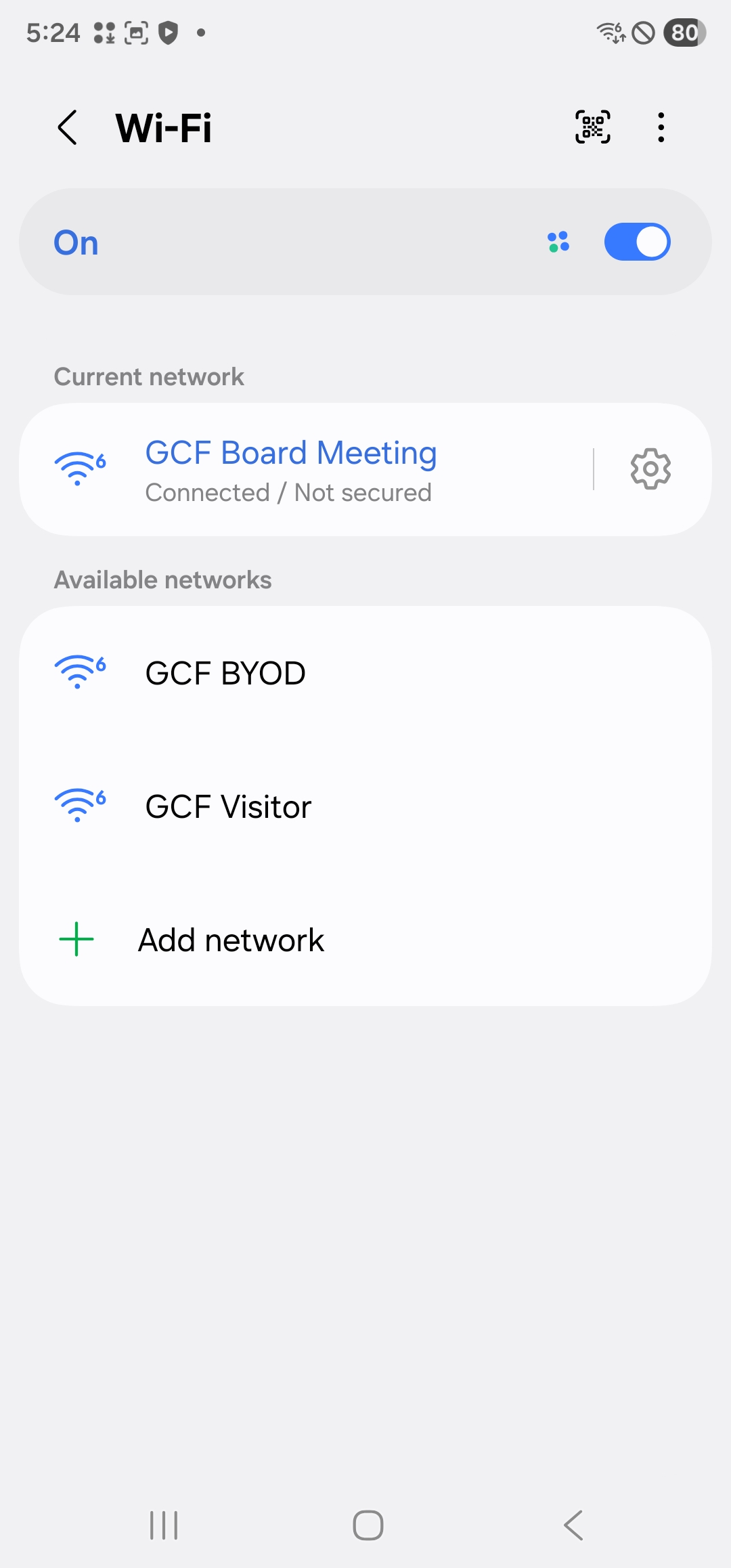 Android showing GCF Board Meeting Connected status