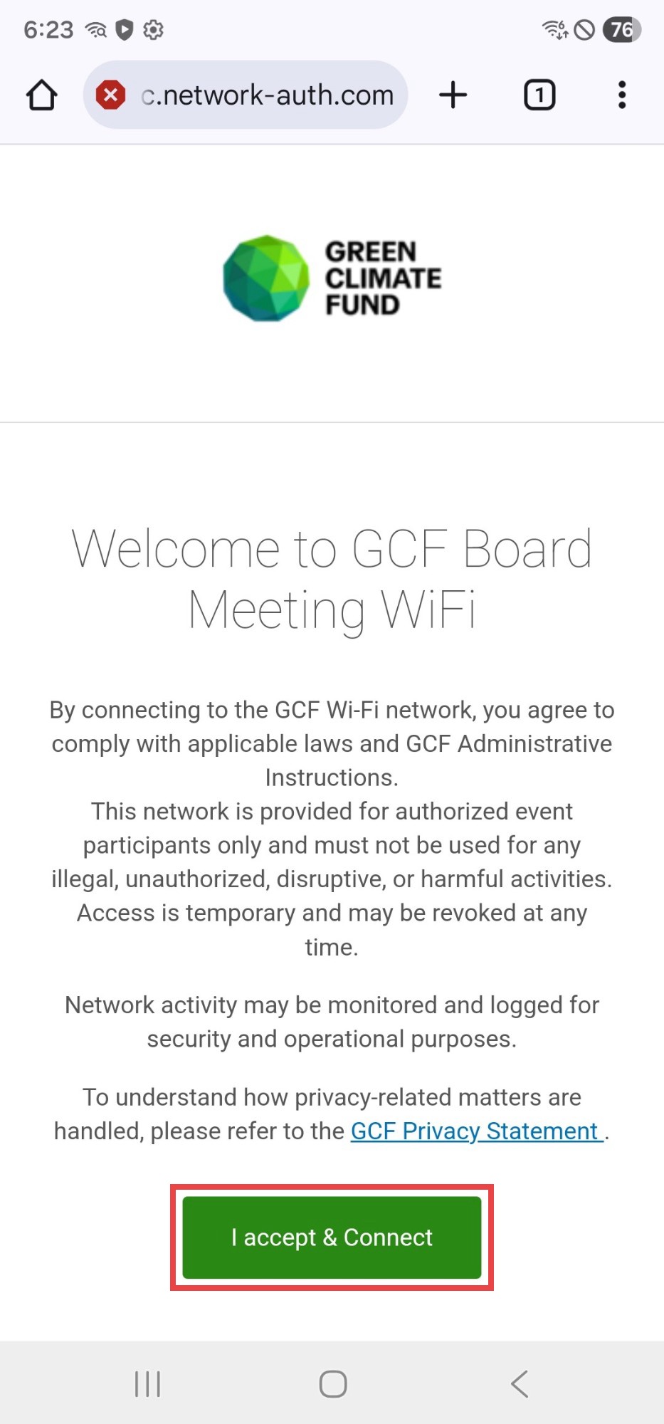 Android browser showing the GCF Board Meeting terms of use and the I accept & Connect button