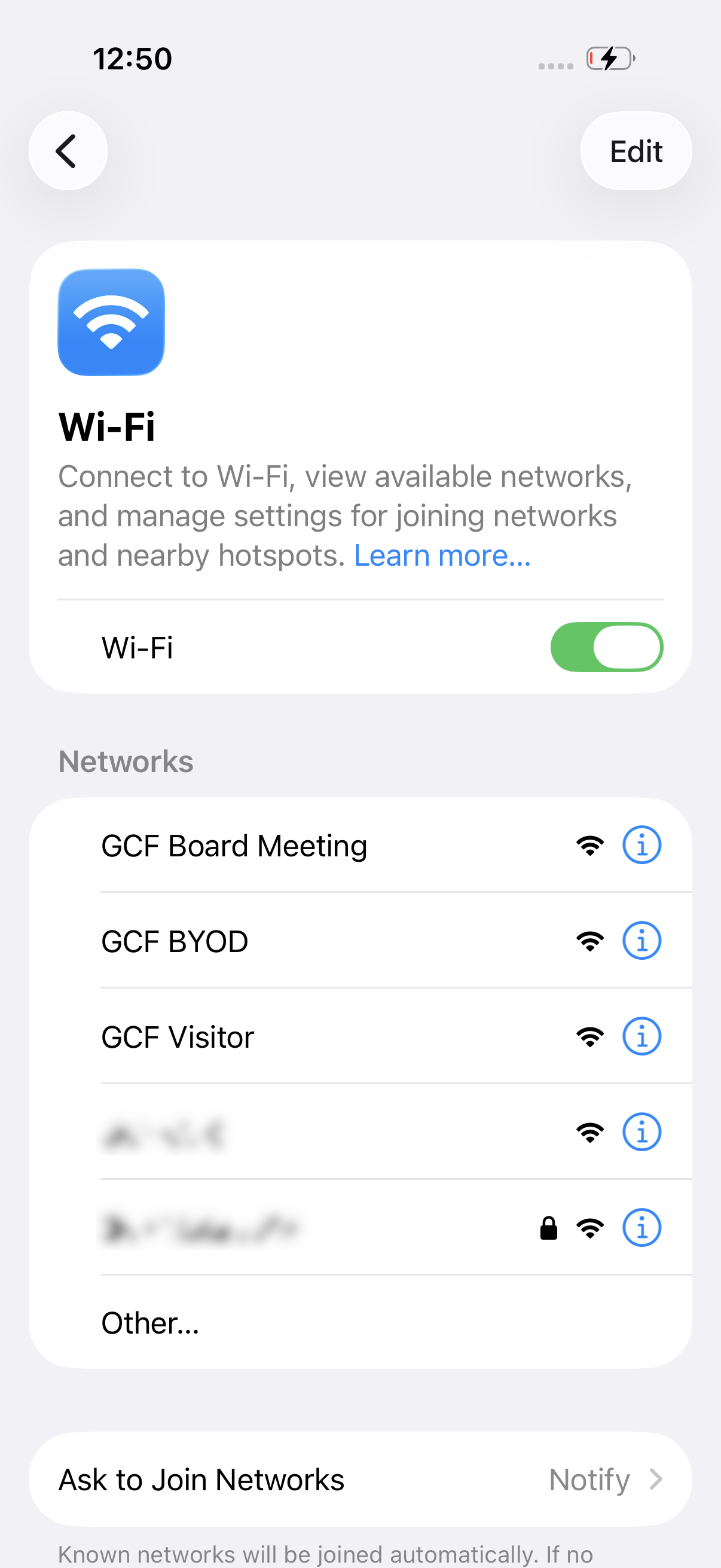 iPhone Wi-Fi settings showing GCF Board Meeting in the network list
