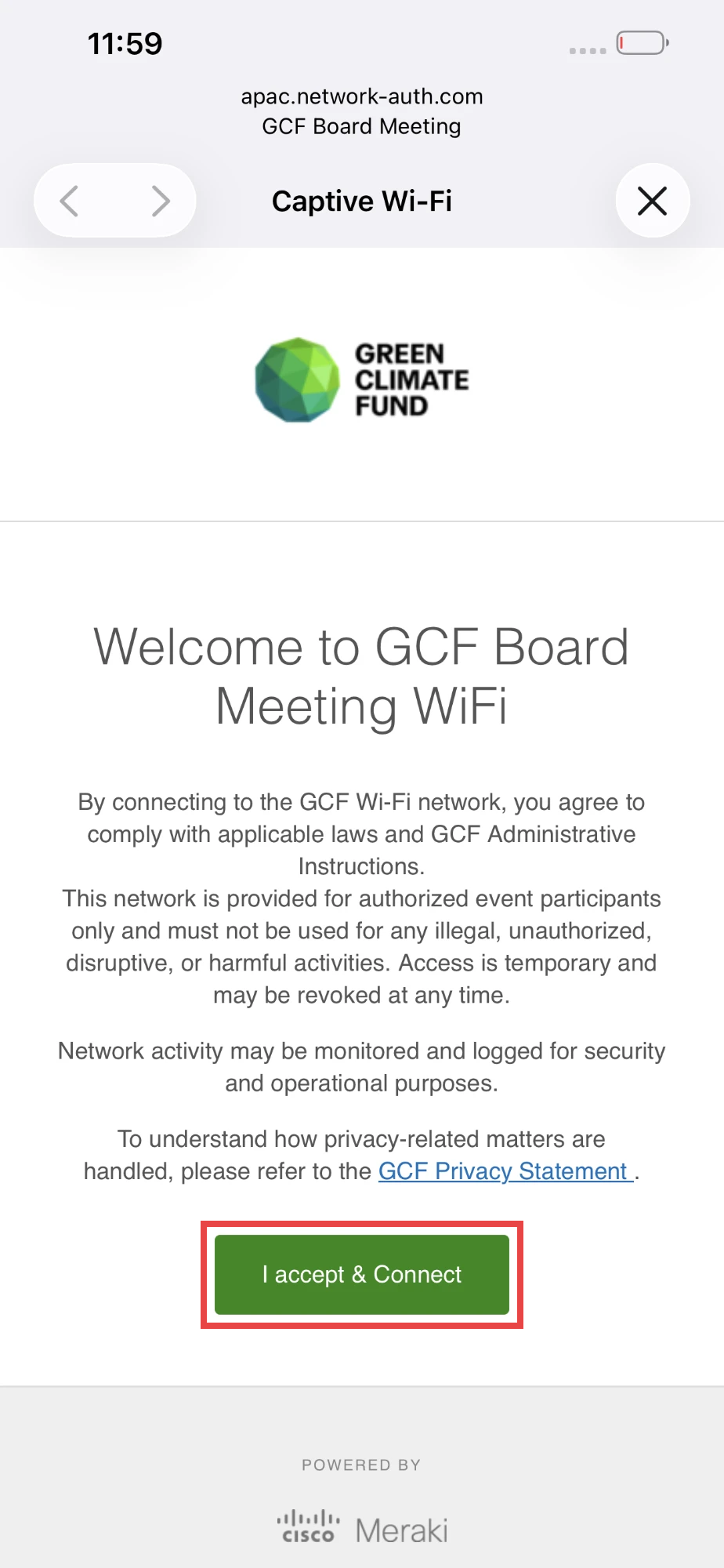 iPhone Captive Wi-Fi window showing the GCF Board Meeting terms of use and the I accept & Connect button