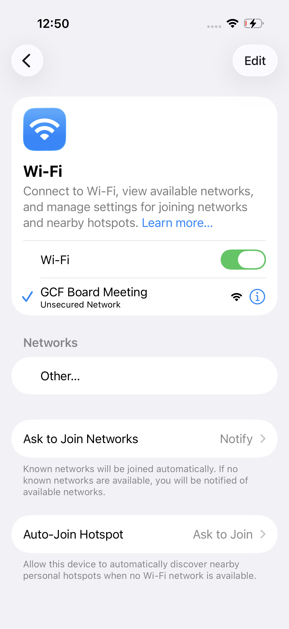 iPhone Wi-Fi settings showing GCF Board Meeting connected with checkmark