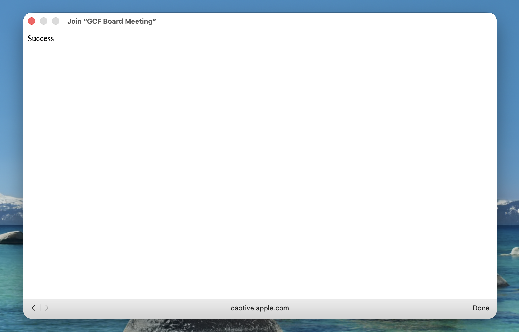 macOS welcome window showing Success message