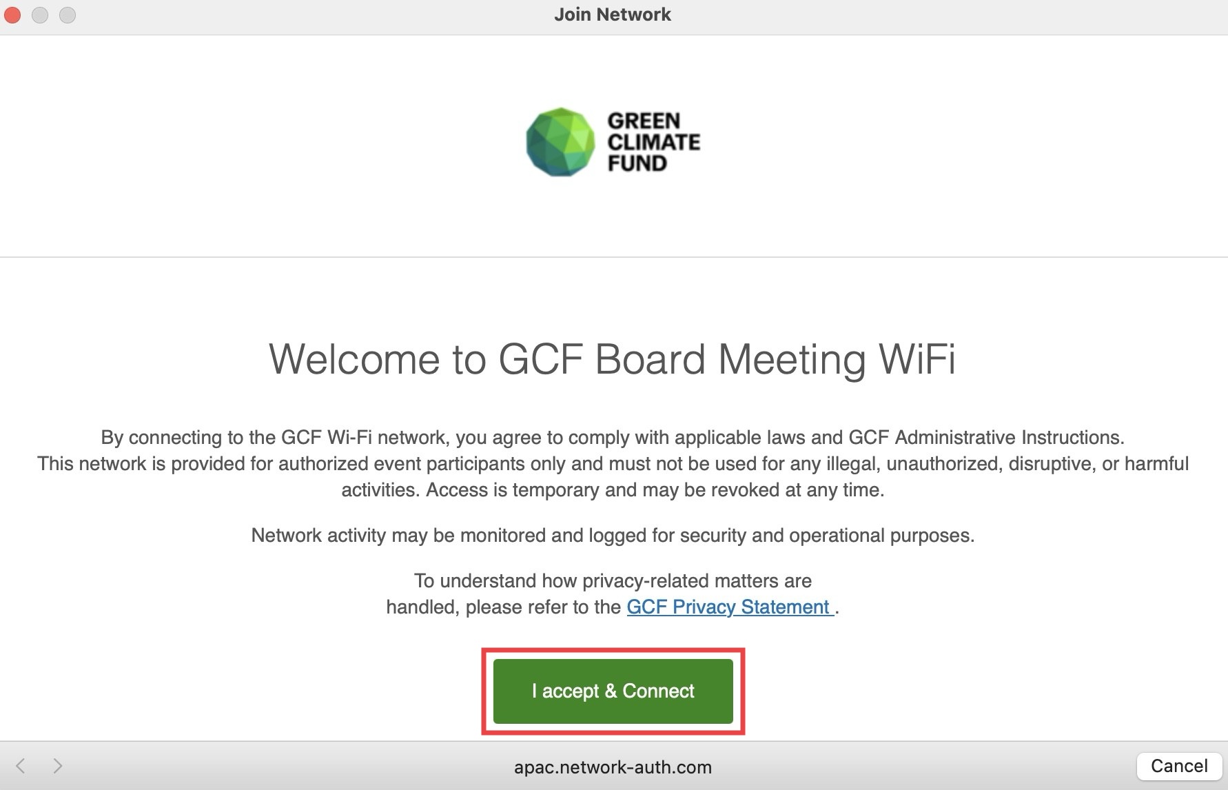 macOS Join Network window showing the GCF Board Meeting terms of use and the I accept & Connect button