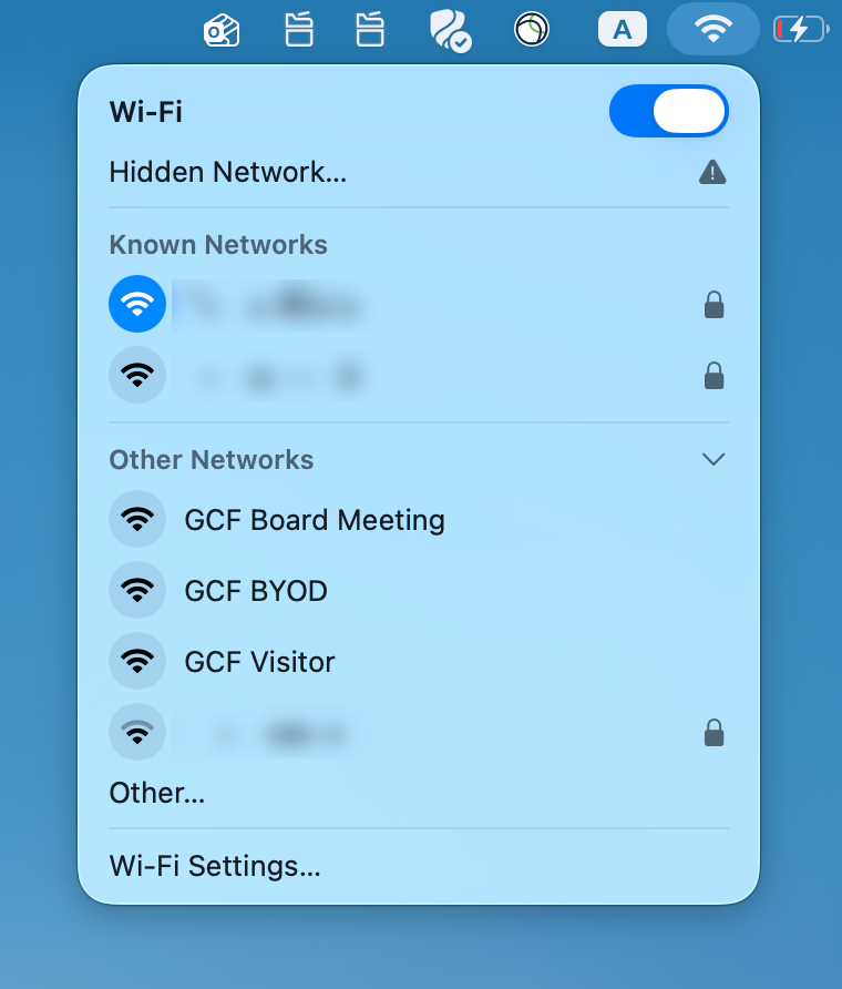 macOS Wi-Fi dropdown menu showing GCF Board Meeting under Other Networks